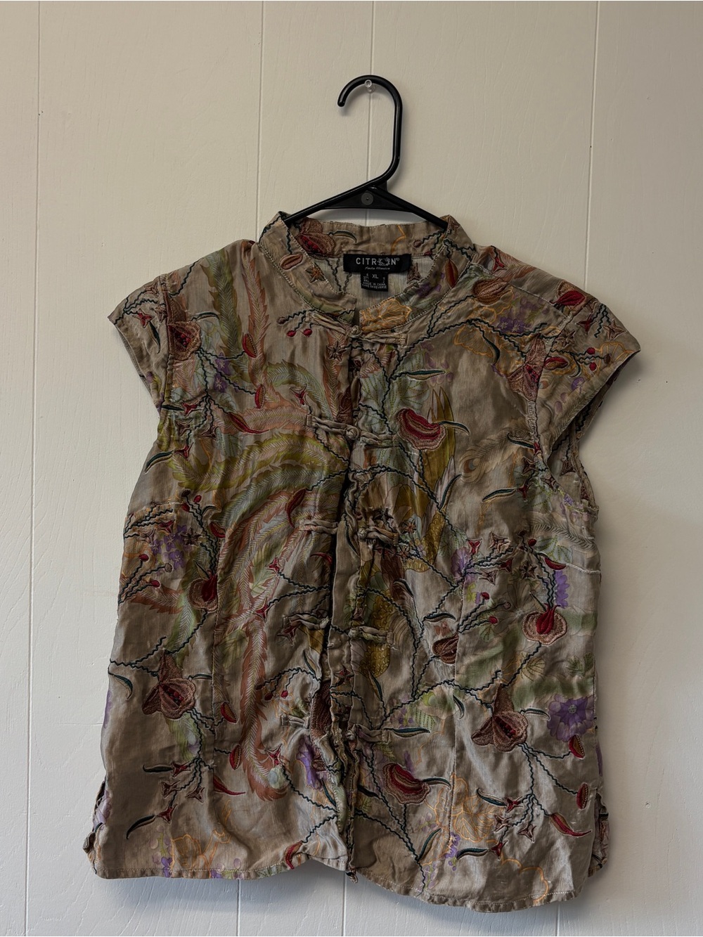 Citron Taupe Embroidered Cap-Sleeve Button-Down Top
